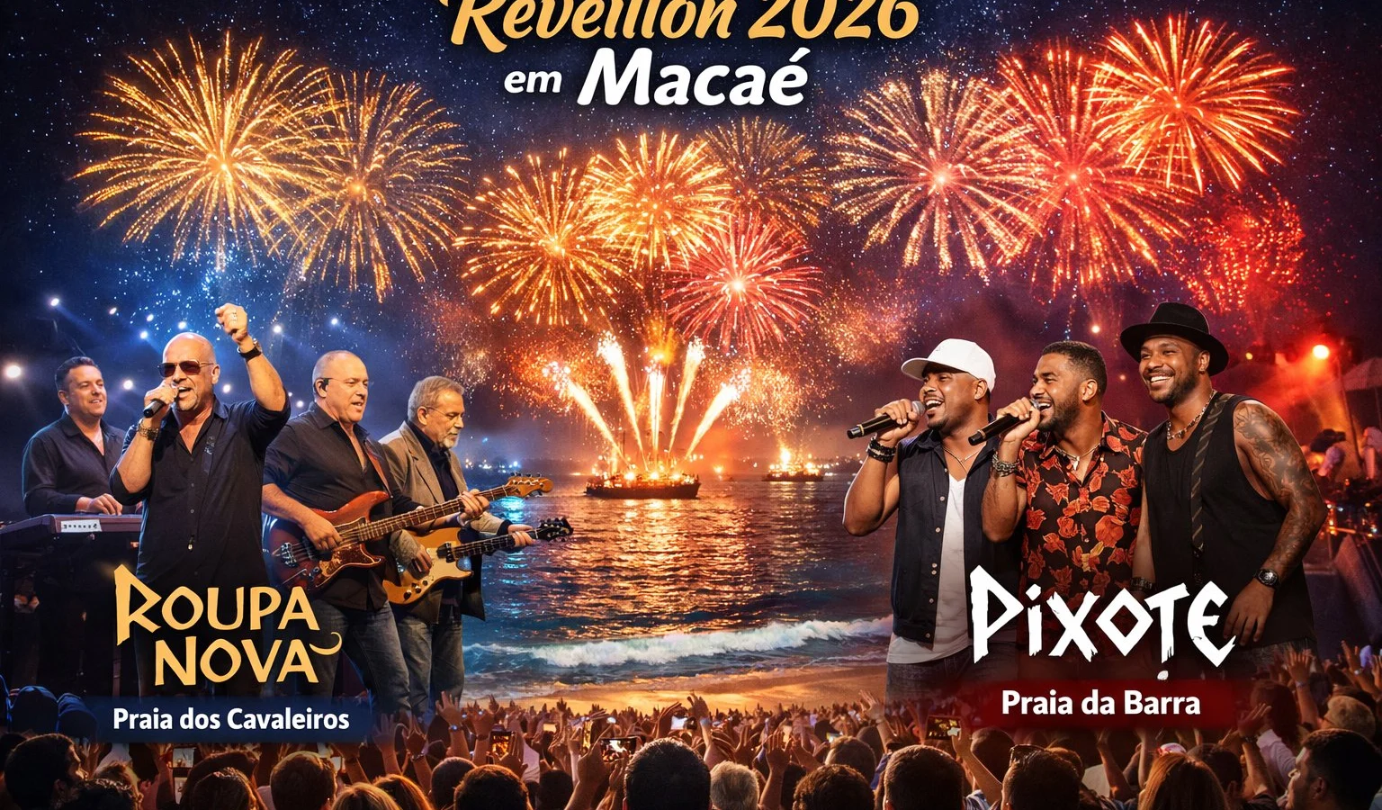 Roupa Nova e Pixote comandam a festa da virada em Macaé com shows nas praias e queima de fogos no mar
