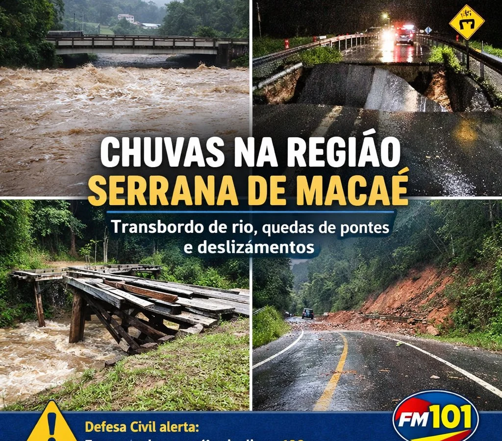Chuvas intensas causam transbordamento do Rio São Pedro, quedas de pontes e deslizamentos na região serrana de Macaé