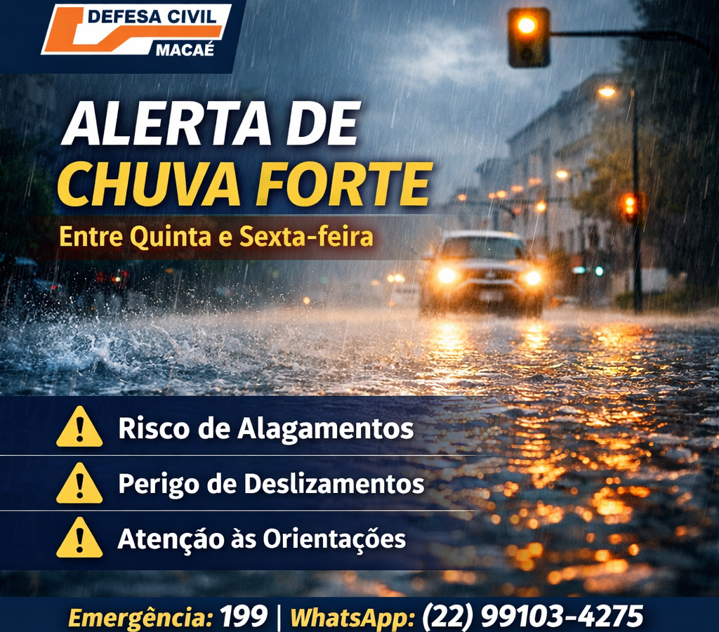 Defesa Civil de Macaé alerta para previsão de chuva forte entre quinta e sexta