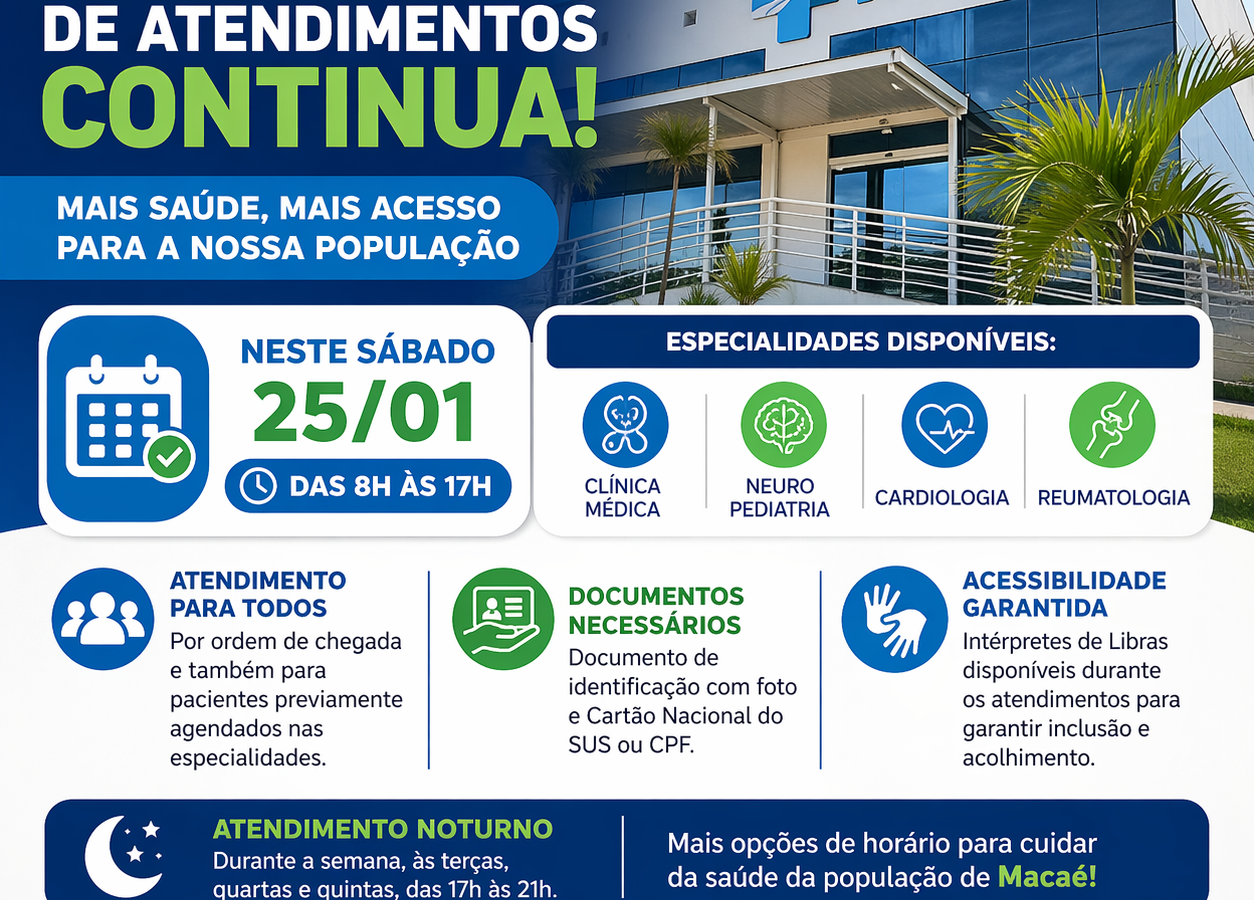 Mutirão de atendimentos no Centro de Especialidades Dona Alba segue neste sábado e amplia acesso à saúde em Macaé