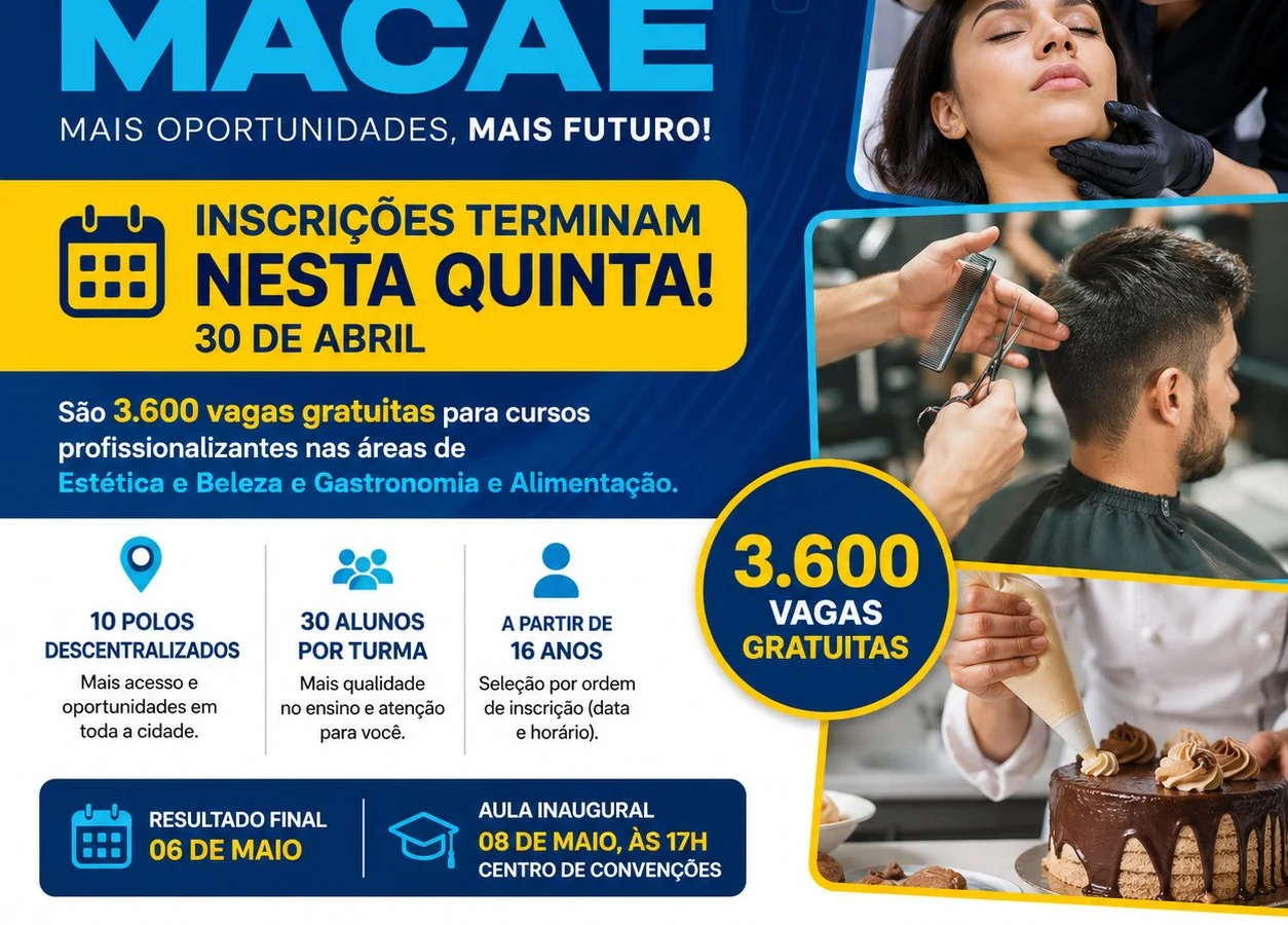 Qualifica + Macaé: inscrições para 3.600 vagas gratuitas em cursos profissionalizantes terminam nesta quinta-feira