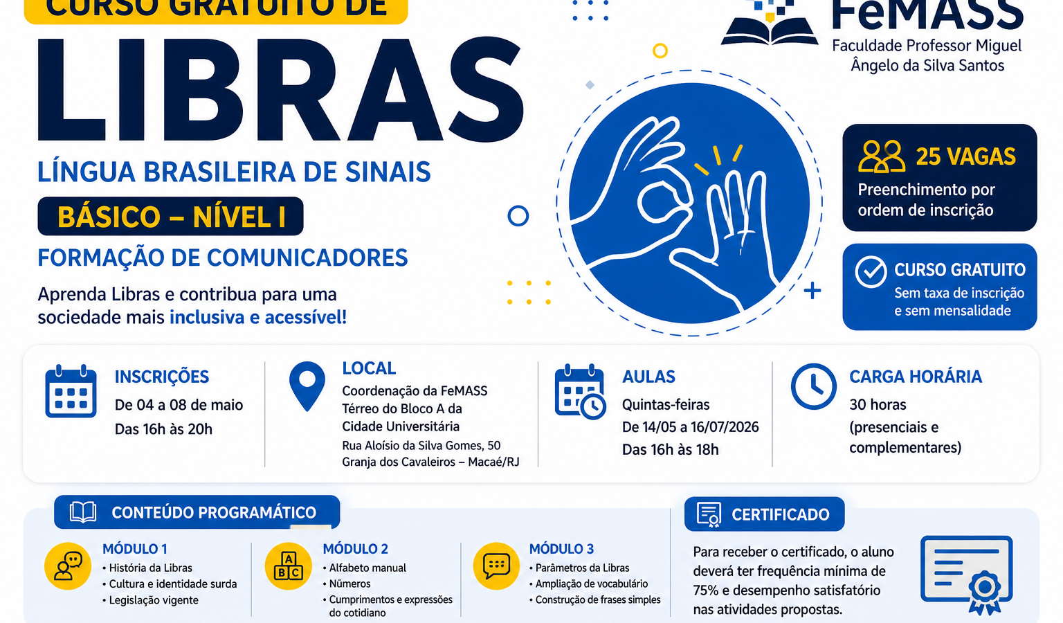 FeMASS abre inscrições para curso gratuito de Libras em Macaé e oferece formação inclusiva