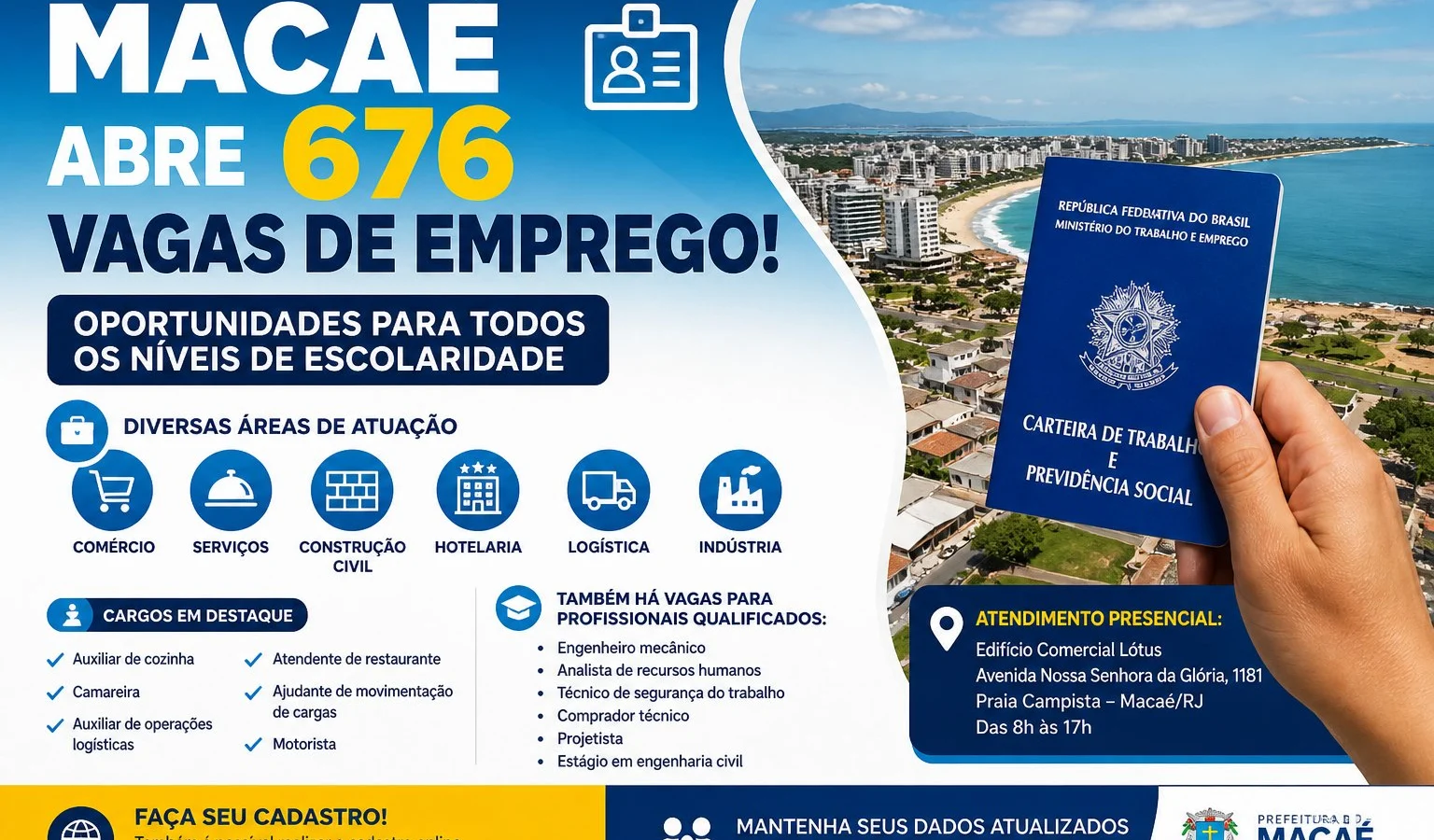 Macaé abre 676 vagas de emprego para todos os níveis de escolaridade nesta semana