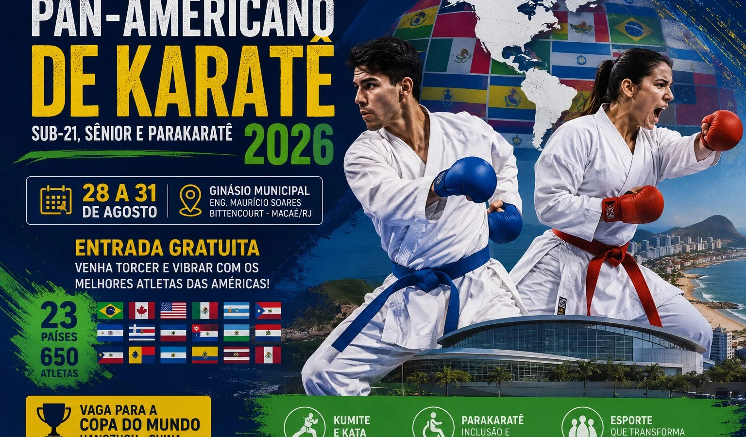 PAN-Americano de Karatê 2026 transforma Macaé em palco do esporte internacional com entrada gratuita no Ginásio Municipal