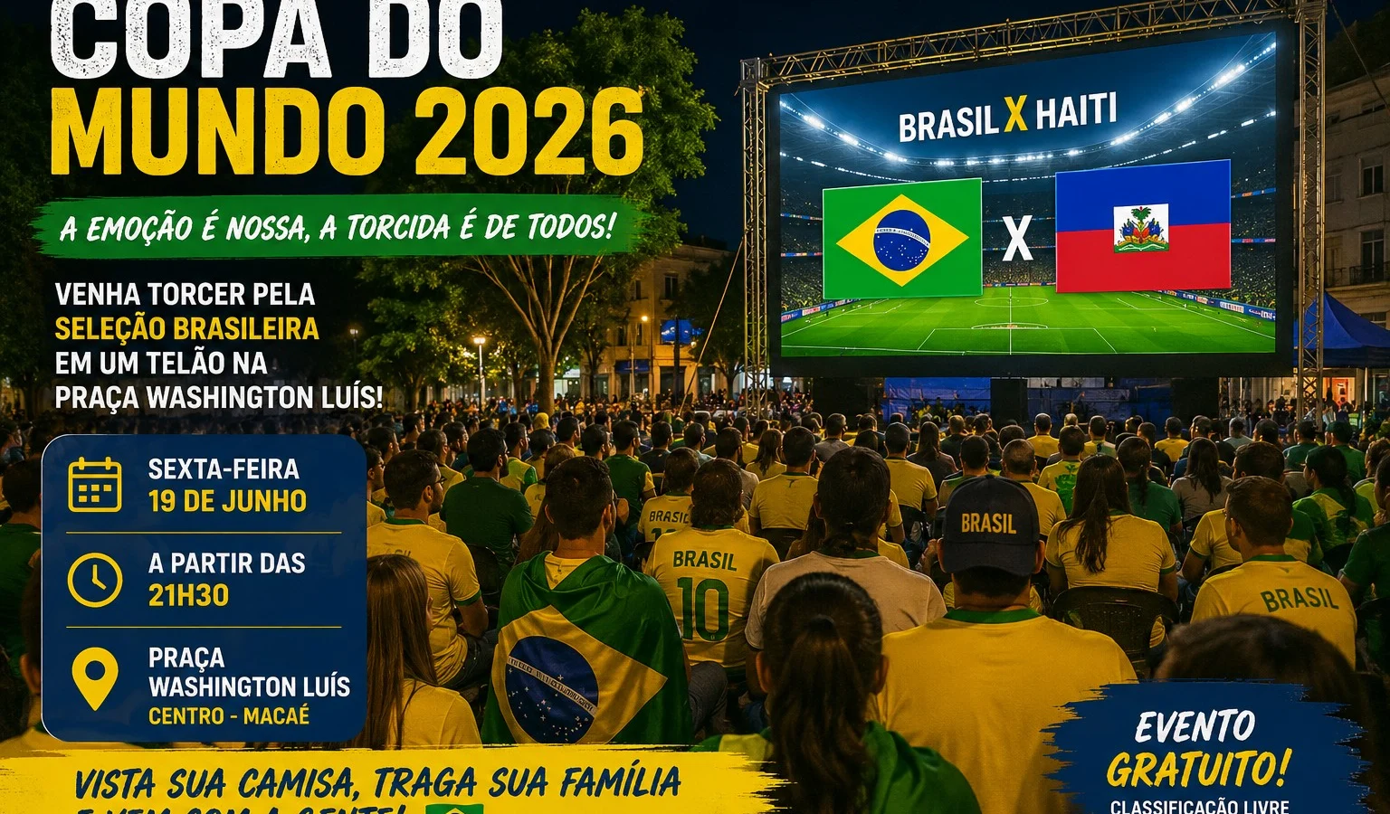 Brasil x Haiti: Praça Washington Luís terá telão para transmissão da Copa do Mundo 2026 em Macaé