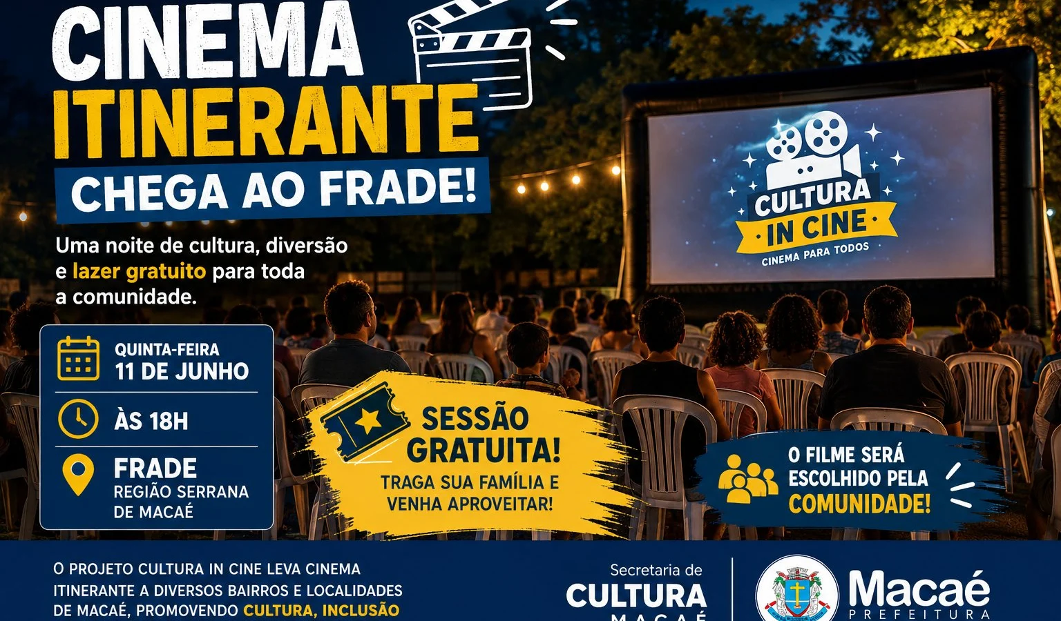 Cinema itinerante chega ao Frade nesta quinta-feira com sessão gratuita para toda a comunidade