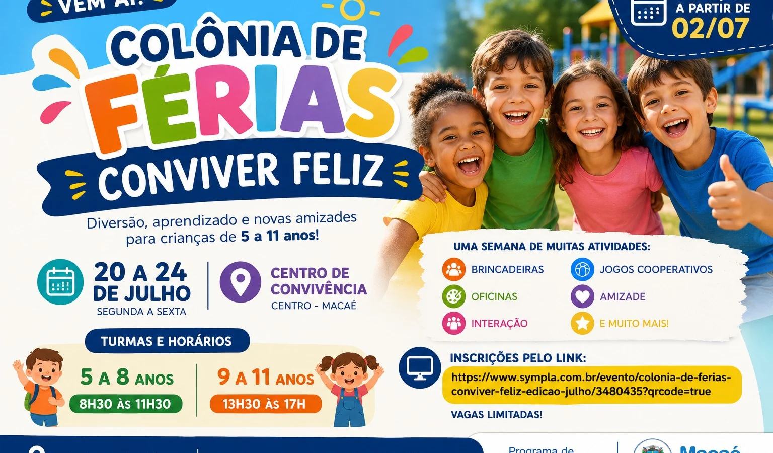 Colônia de Férias Conviver Feliz abre inscrições em Macaé no dia 2 de julho com programação gratuita para crianças