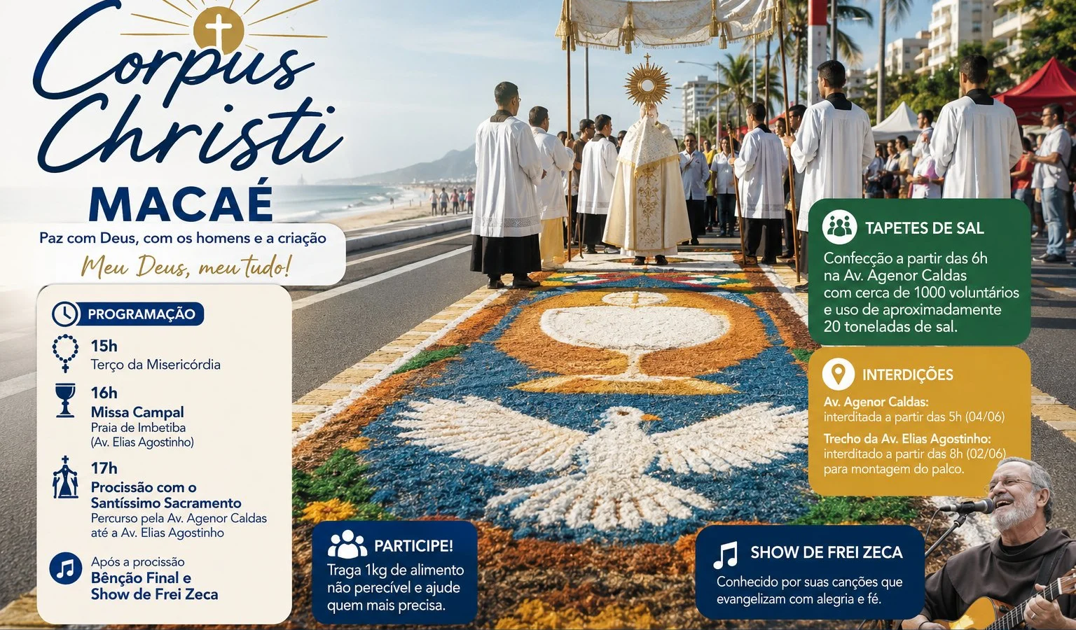 Corpus Christi em Macaé terá tapetes de sal, procissão, missa campal e show de Frei Zeca nesta quinta-feira