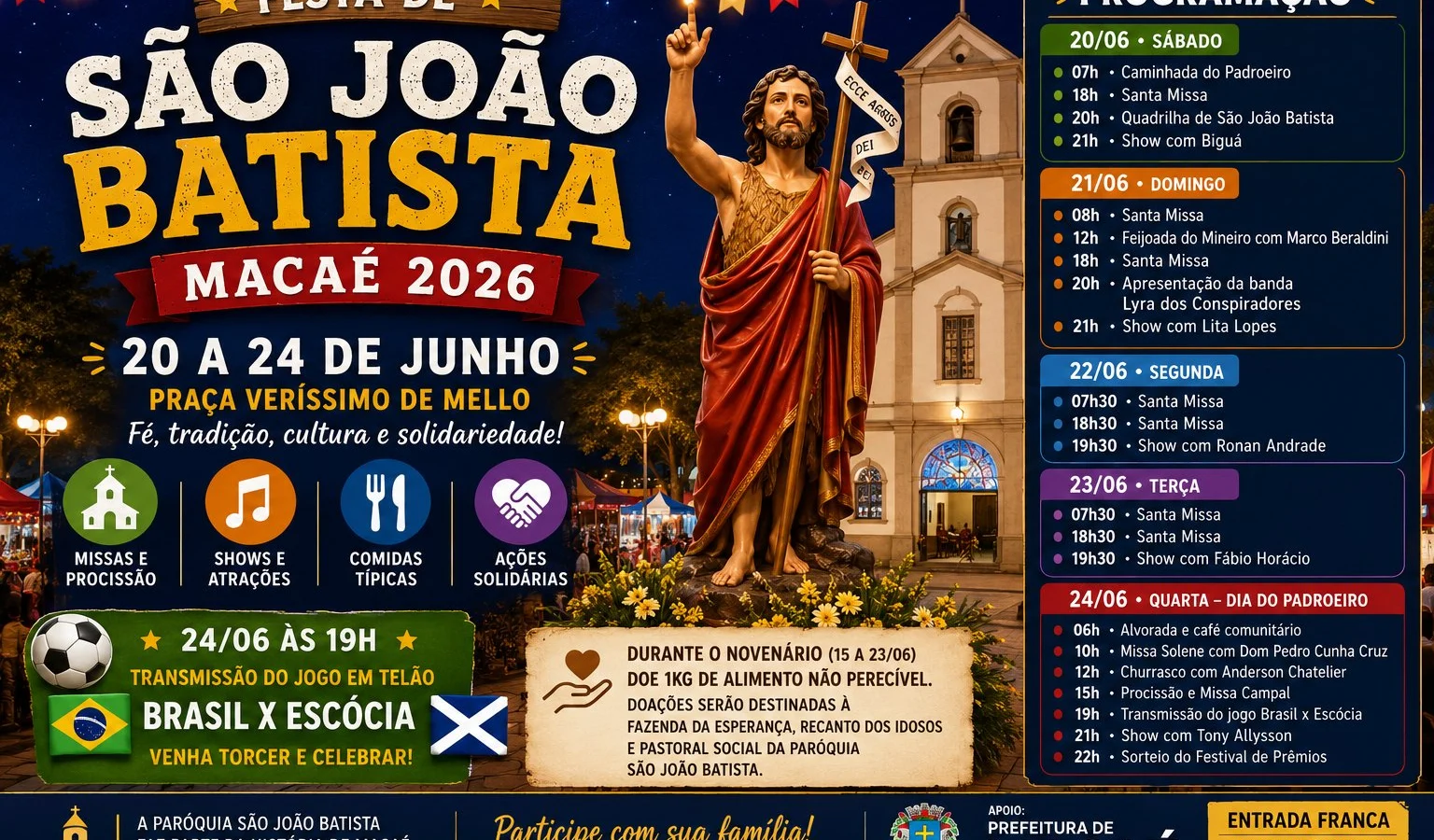 Festa de São João Batista em Macaé terá show de Tony Allysson, programação religiosa e transmissão da Copa do Mundo