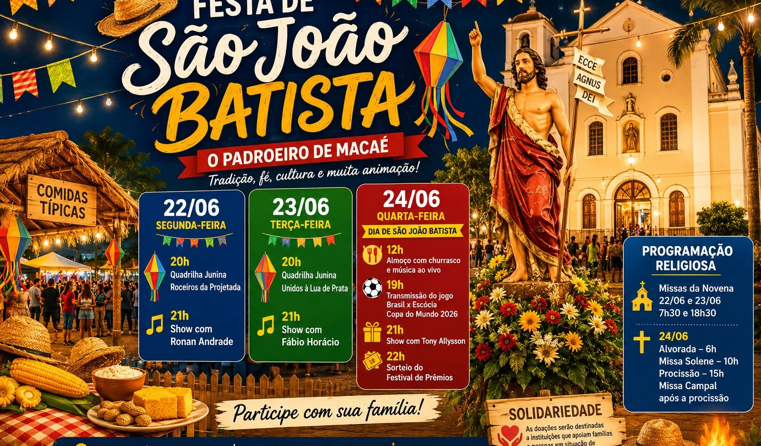 Festa de São João Batista segue movimentando Macaé com quadrilhas juninas, shows, fé e tradição até o feriado municipal