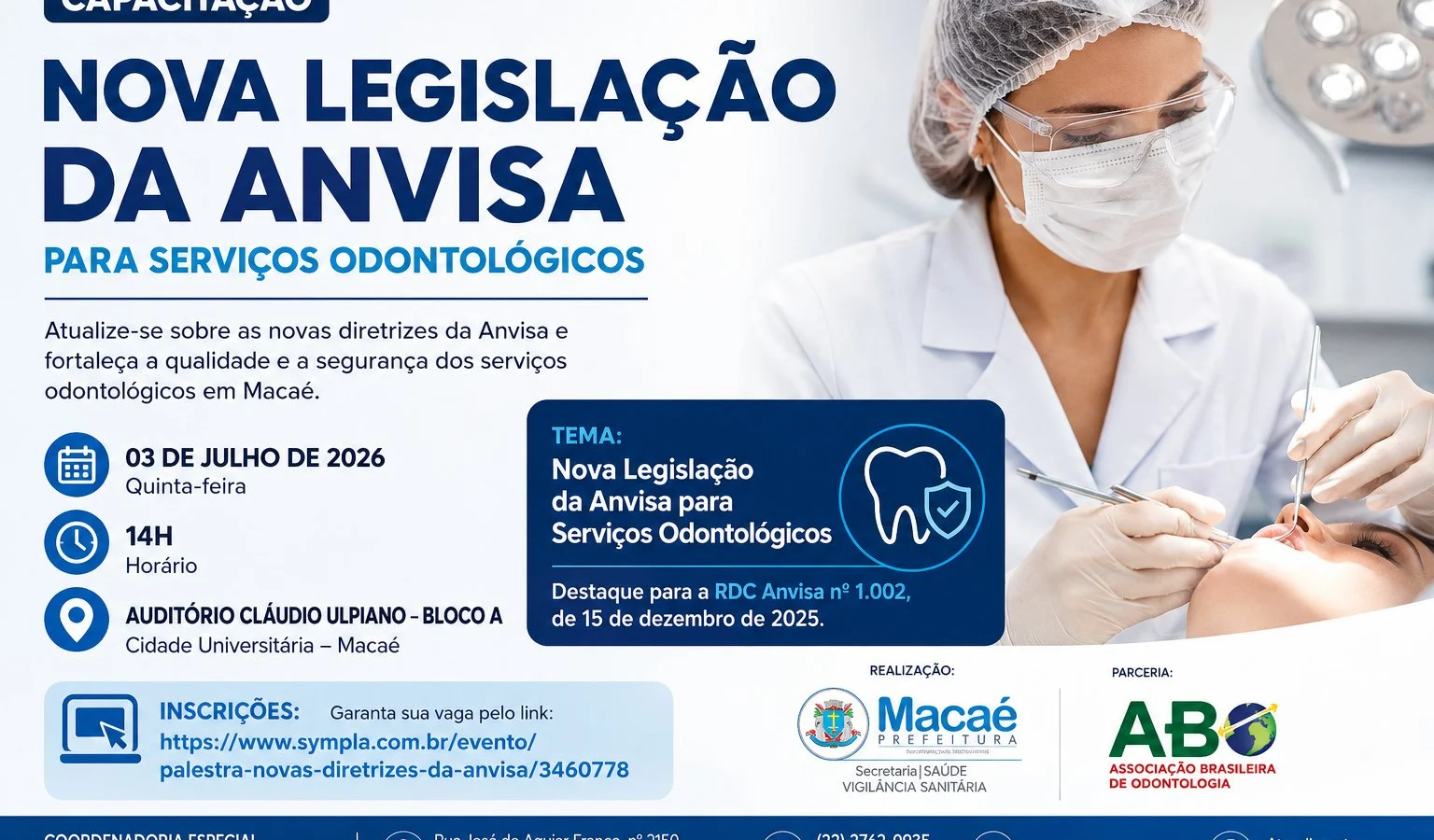 Vigilância Sanitária de Macaé abre inscrições para capacitação sobre nova legislação da Anvisa voltada a dentistas