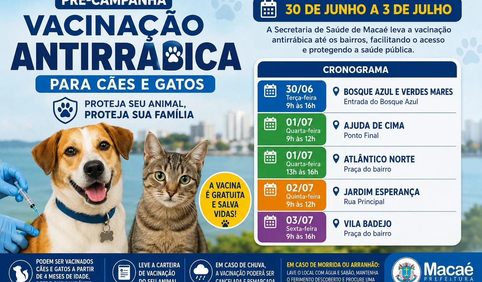 Vacinação antirrábica em Macaé atende seis bairros com imunização gratuita nesta semana