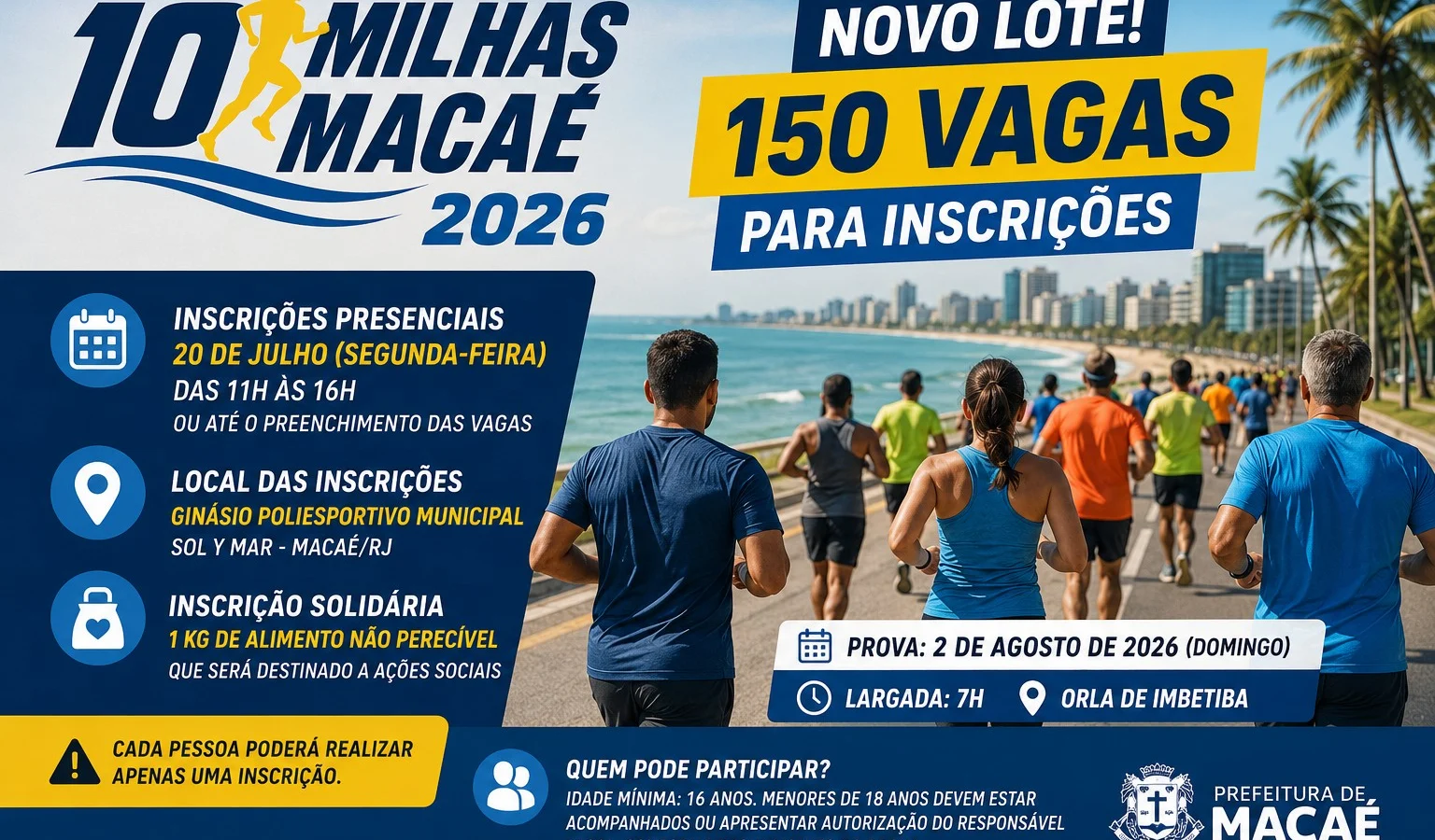 10 Milhas Macaé 2026 abre novo lote com 150 vagas para inscrições presenciais