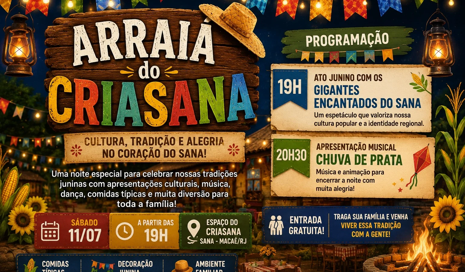 Arraiá do CriaSana 2026 movimenta o Sana com cultura, música e tradições juninas neste sábado