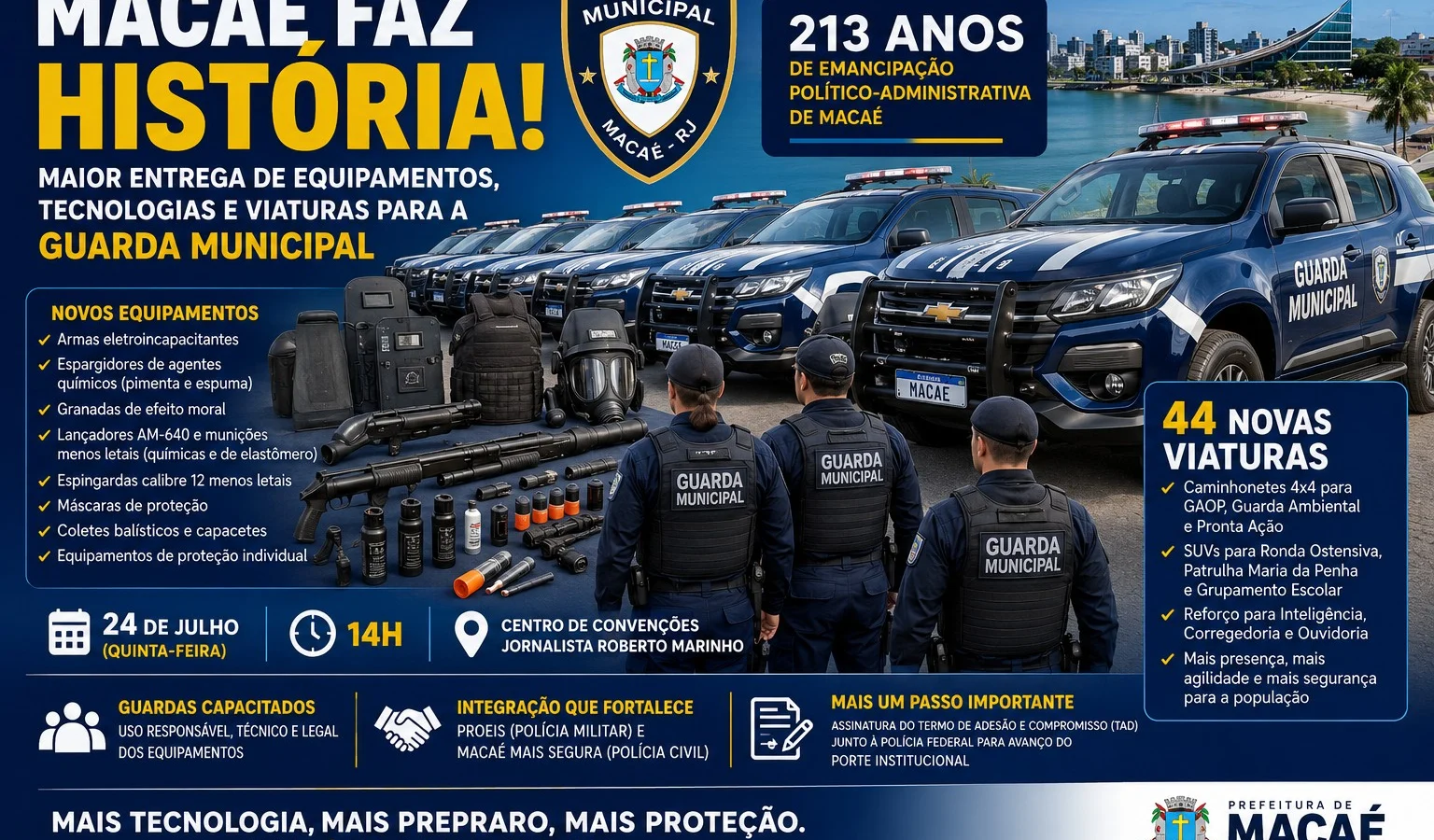 Macaé realiza maior entrega da história para a Guarda Municipal com 44 viaturas, novos equipamentos e tecnologia de ponta
