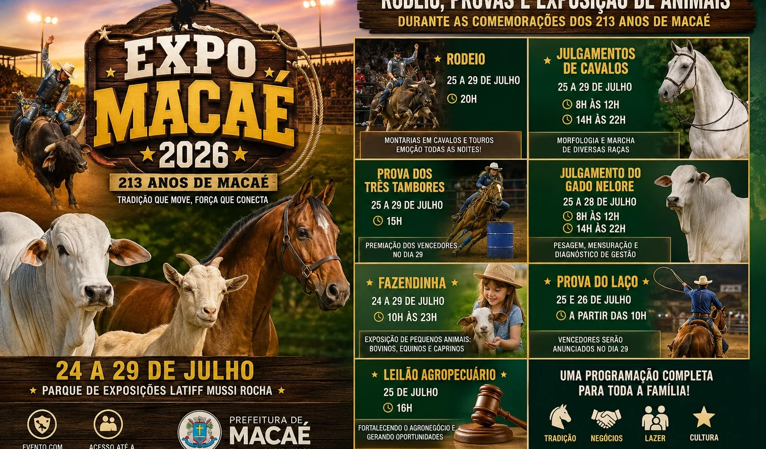 Expo Macaé 2026 terá rodeio, provas e exposição de animais durante as comemorações dos 213 anos de Macaé
