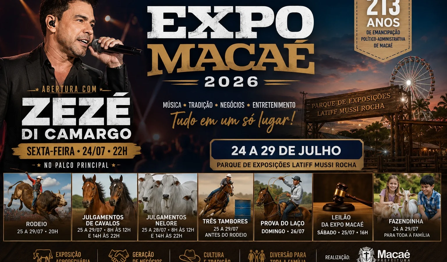 Zezé Di Camargo abre a Expo Macaé 2026 e promete uma noite inesquecível na abertura das comemorações pelos 213 anos da cidade