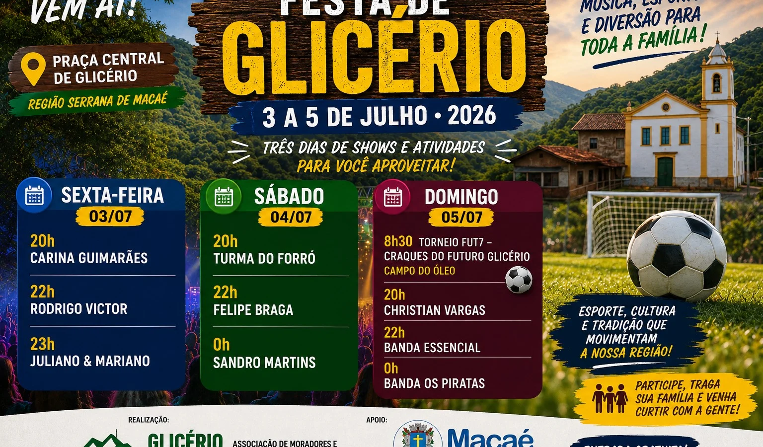 Festa de Glicério 2026 reúne grandes shows, esporte e lazer na região serrana de Macaé