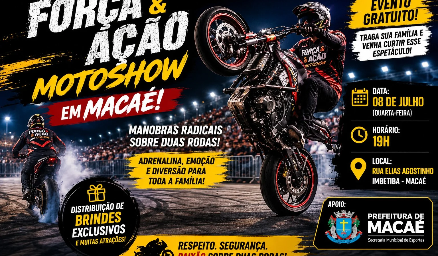 Manobras radicais em motos prometem noite de adrenalina e diversão gratuita na Imbetiba, em Macaé