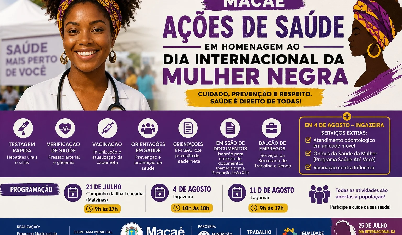 Macaé realiza ações de saúde em homenagem ao Dia Internacional da Mulher Negra com atendimentos gratuitos