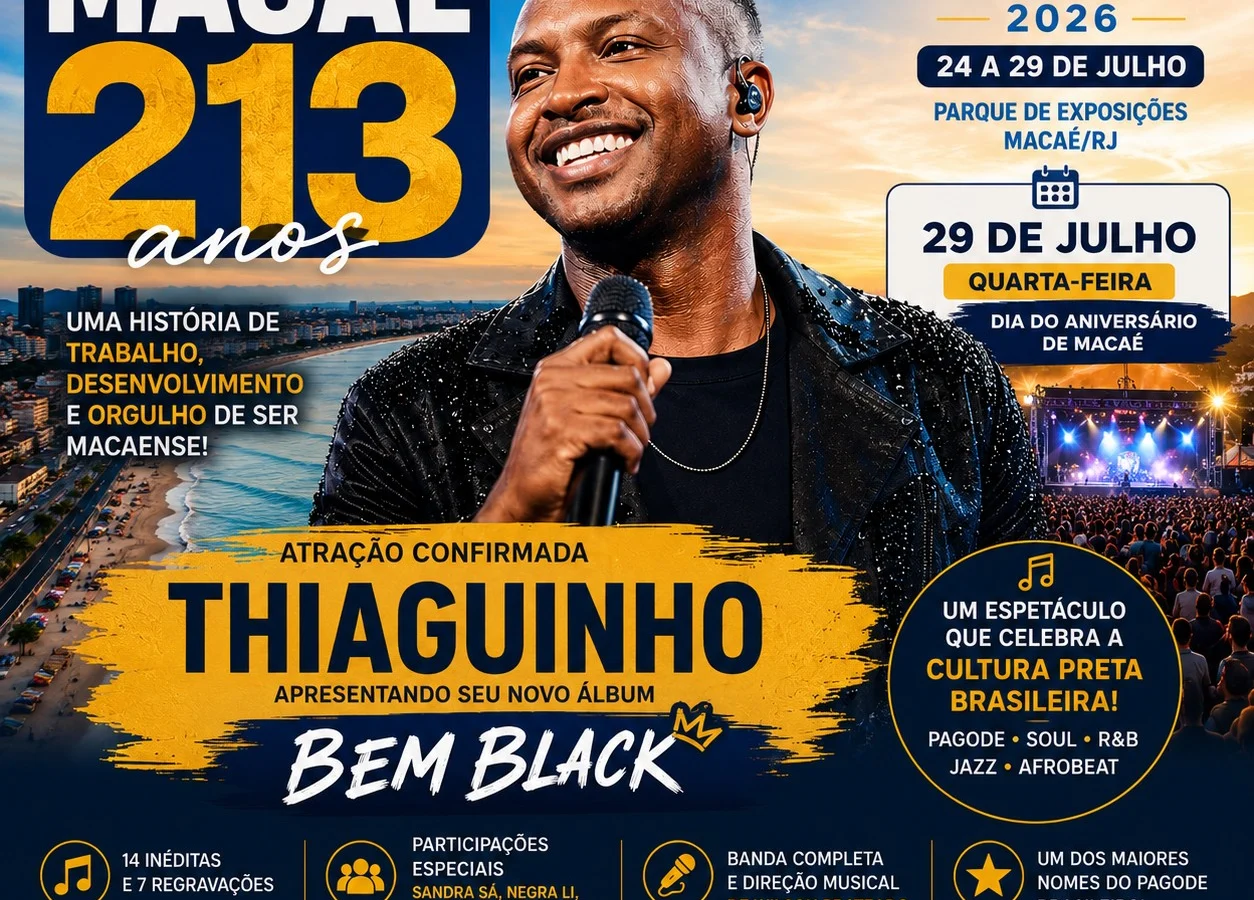 Thiaguinho é confirmado como principal atração dos 213 anos de Macaé e fará grande show no dia 29 de julho