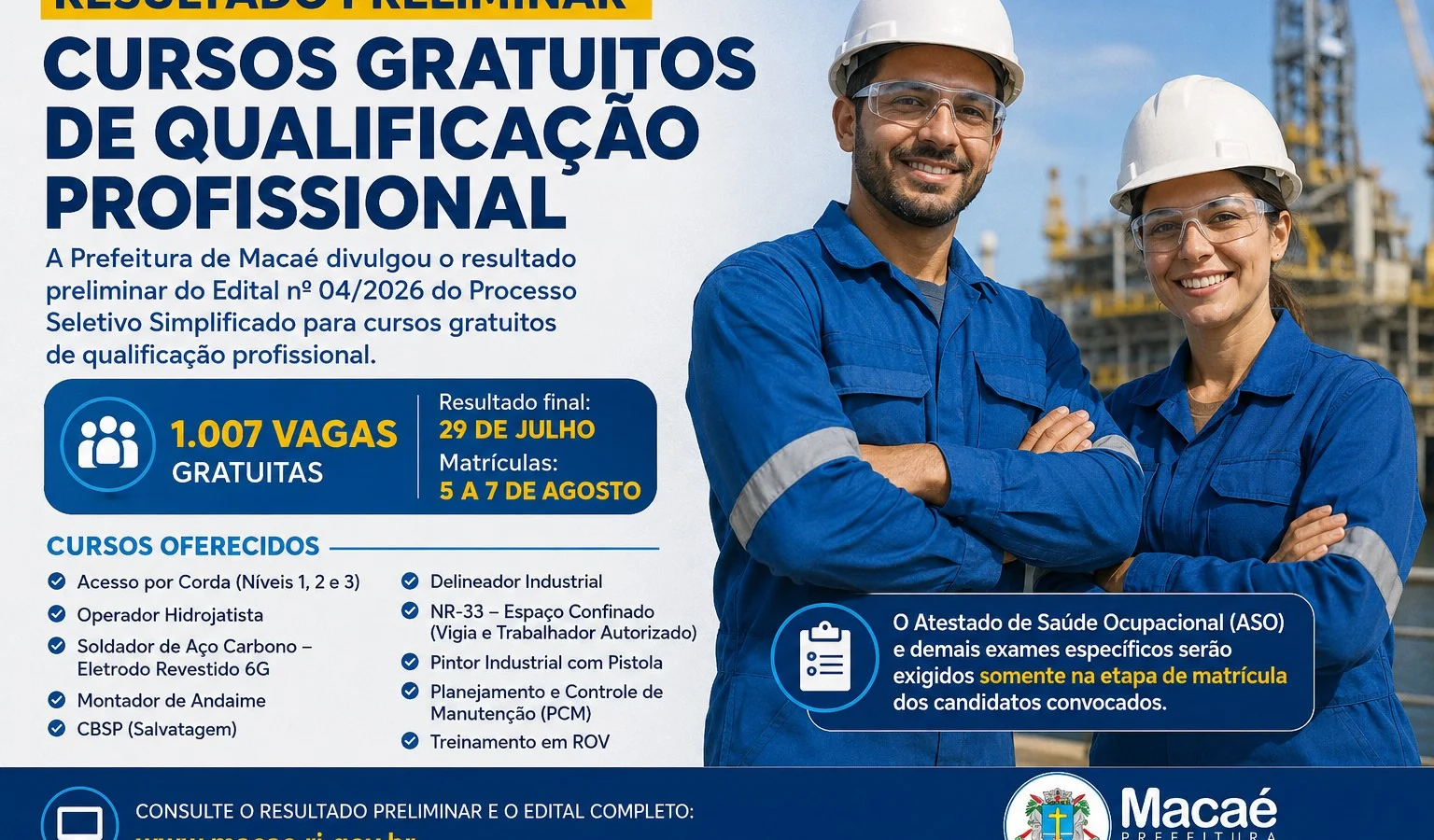 Resultado preliminar dos cursos gratuitos de qualificação profissional é divulgado em Macaé