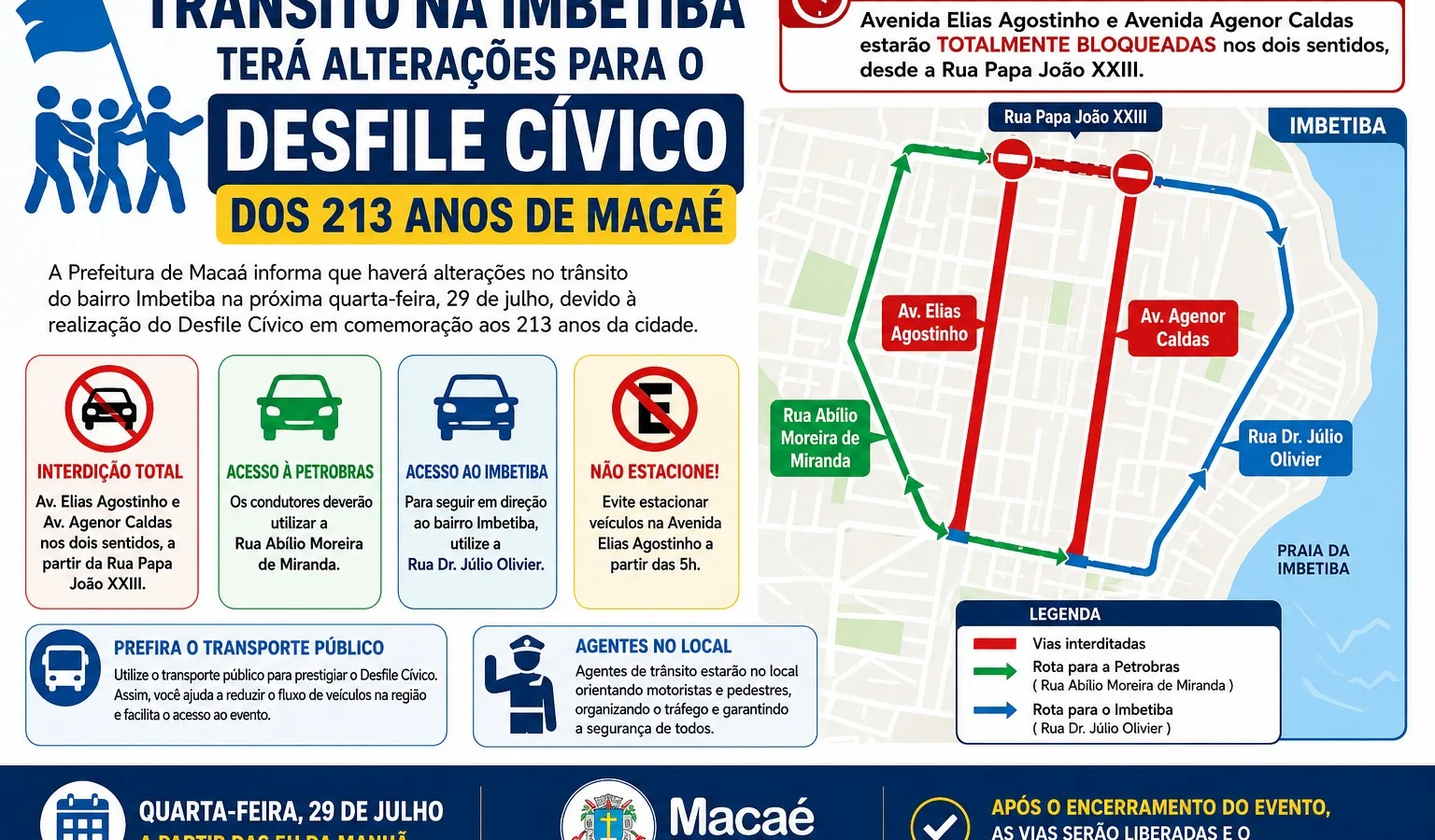 Trânsito na Imbetiba terá mudanças para o Desfile Cívico dos 213 anos de Macaé; confira as interdições e rotas alternativas
