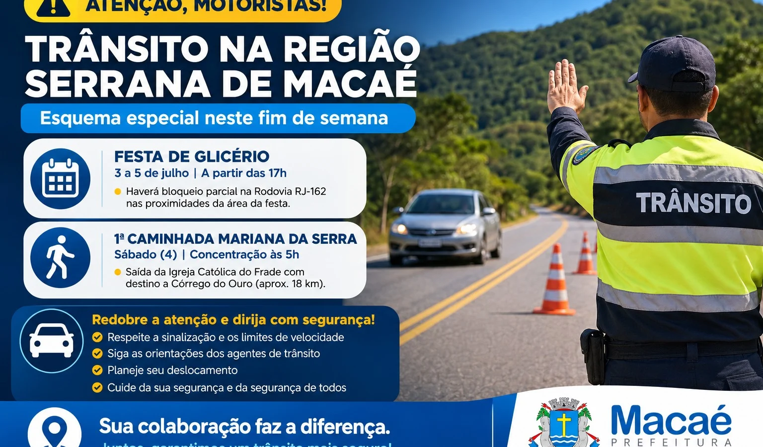 Trânsito na Região Serrana de Macaé terá esquema especial para Festa de Glicério e Caminhada Mariana neste fim de semana