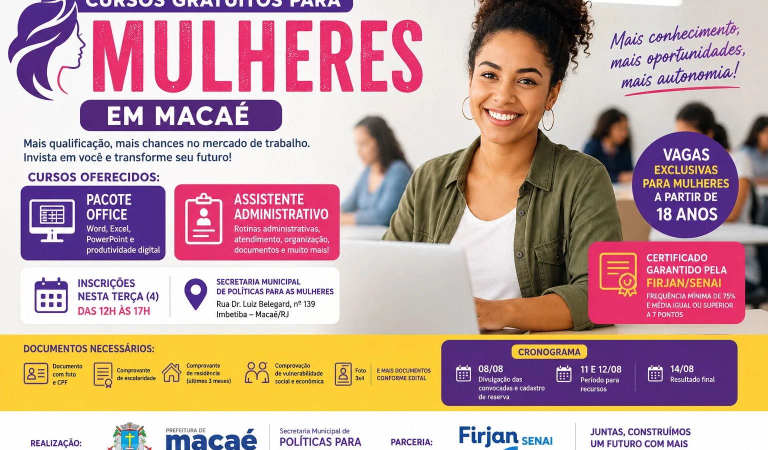 Cursos gratuitos para mulheres em Macaé seguem com inscrições abertas nesta terça-feira (4)