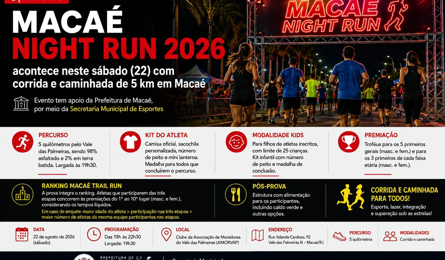 Macahé Night Run 2026 acontece neste sábado (22) com corrida e caminhada de 5 km em Macaé