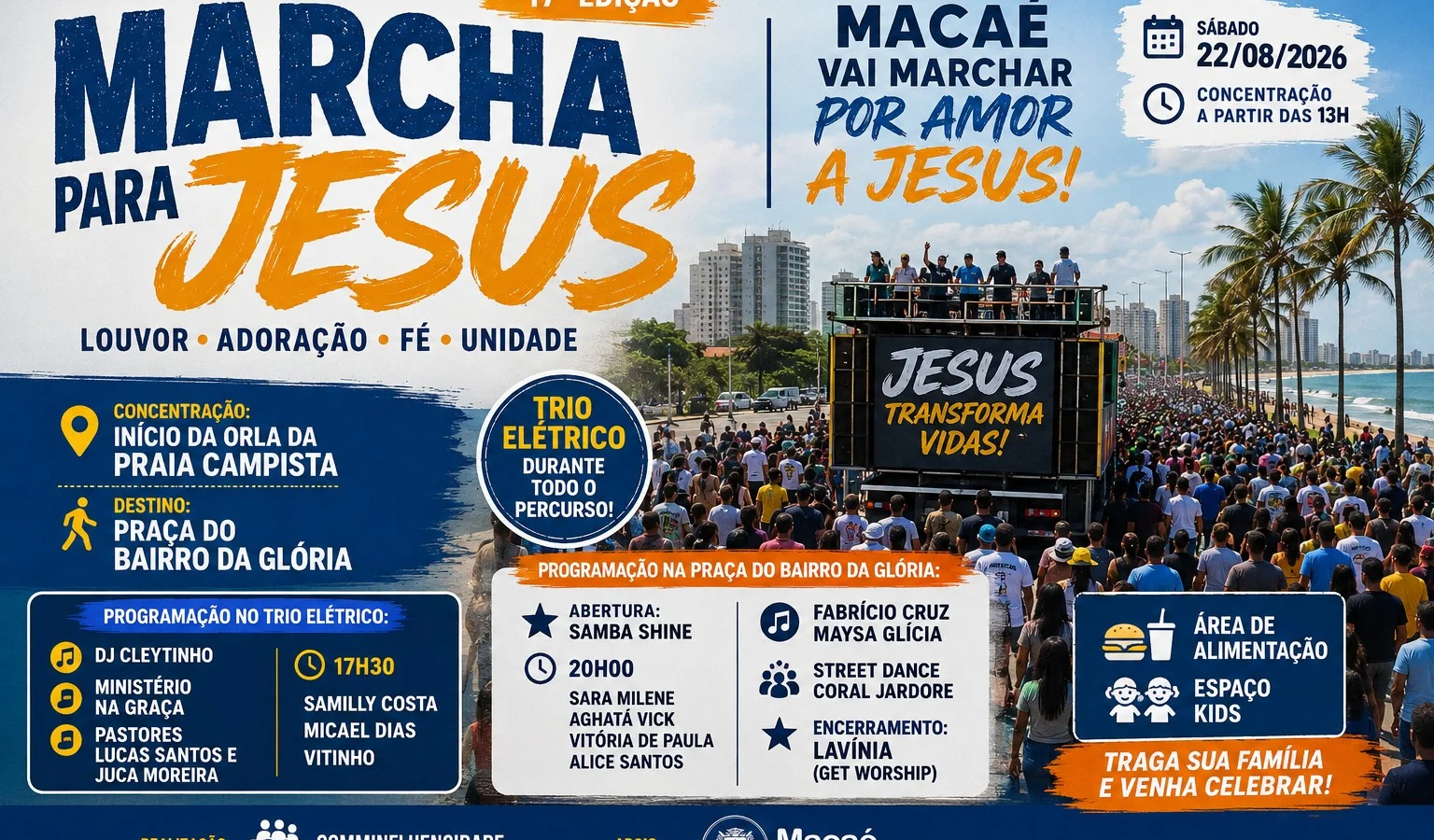 Marcha para Jesus em Macaé acontece neste sábado (22) com shows, trio elétrico e programação para toda a família