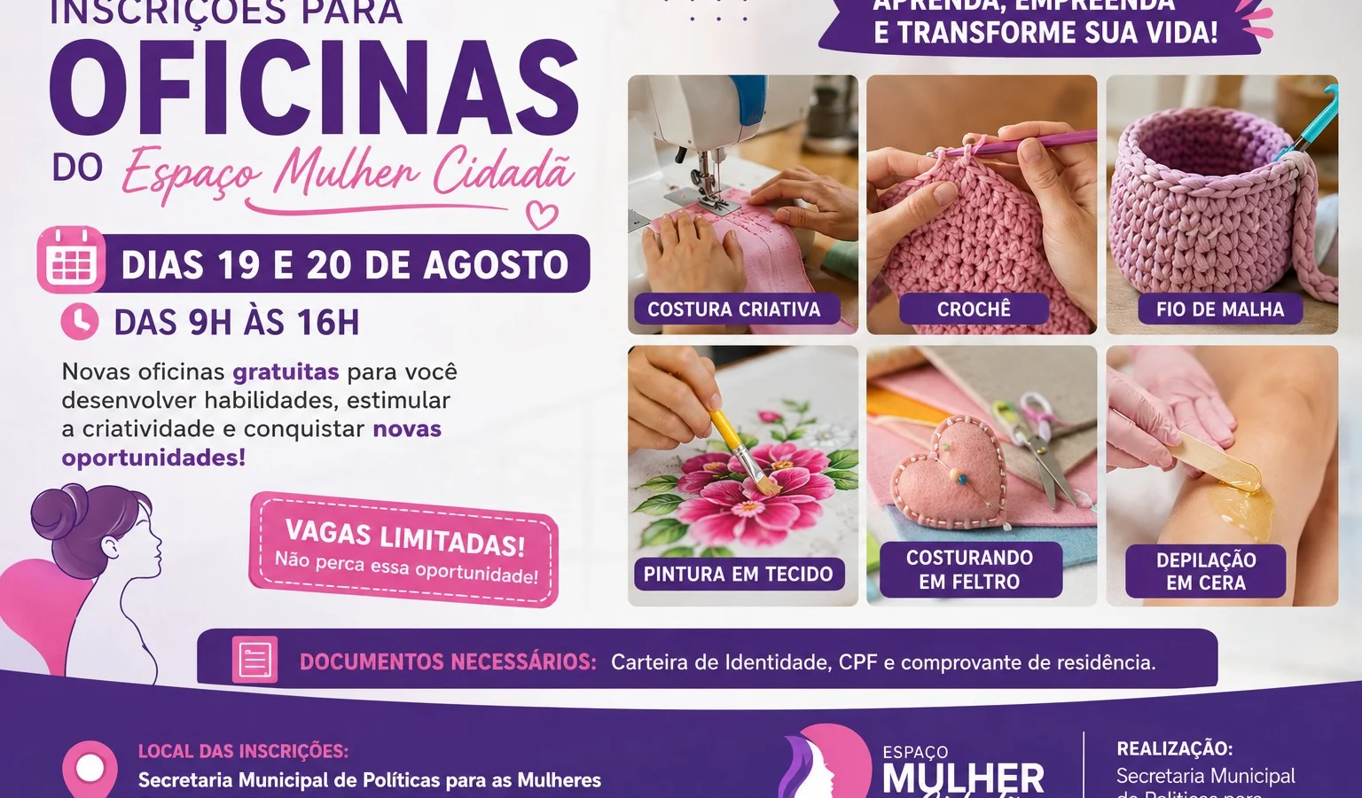 Inscrições para oficinas gratuitas do Espaço Mulher Cidadã começam nos dias 19 e 20 de agosto em Macaé